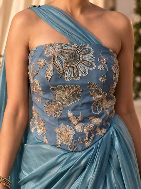 Teal Blue Floral Embroidered Draped Jumpsuit