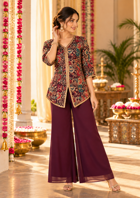 Multicolour Embroidered Tunic with Plum Palazzo Set