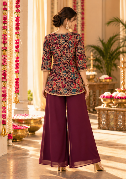 Multicolour Embroidered Tunic with Plum Palazzo Set