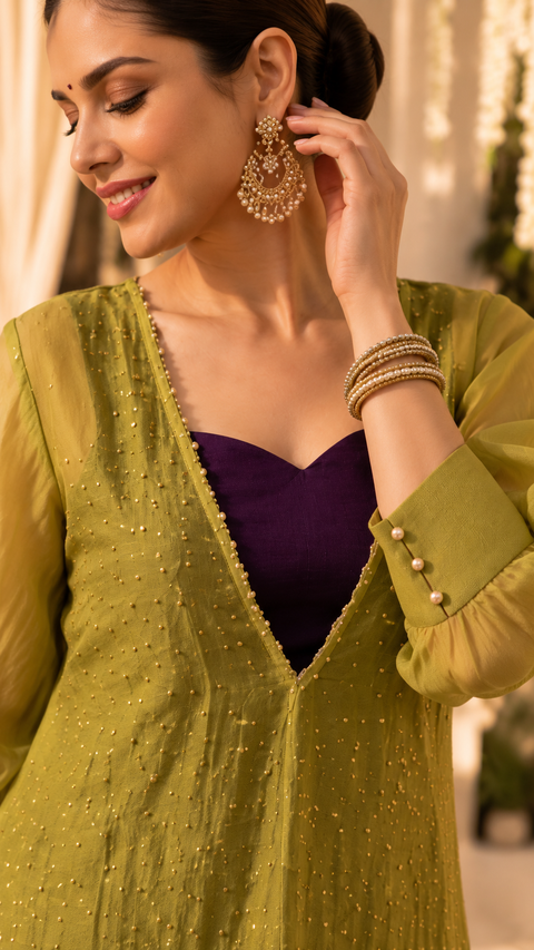 Olive Yellow Embellished Tunic with Plum Trousers