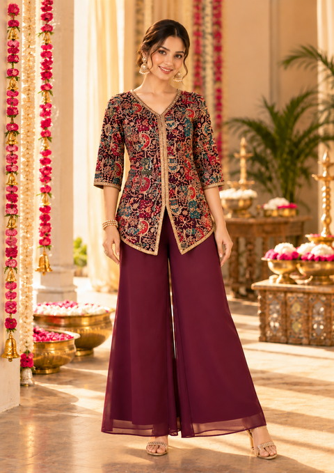 Multicolour Embroidered Tunic with Plum Palazzo Set