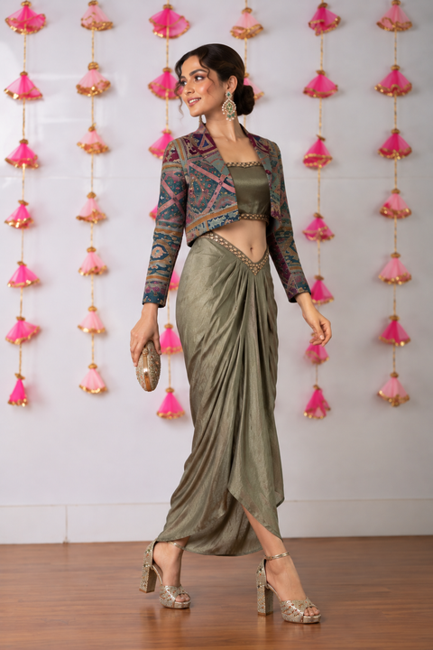Olive Draped Skirt Set with Multicolour Embroidered Cropped Jacket