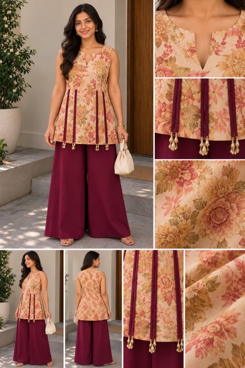 Floral Printed Tunic with Plum Palazzo Set