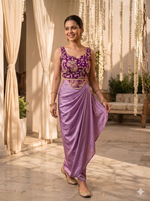 Purple Embroidered Blouse with Lilac Draped Skirt