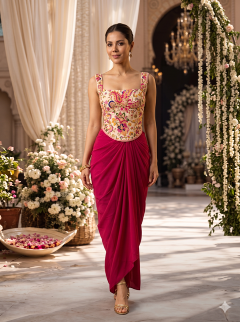 Ivory Floral Embroidered Corset Top with Fuchsia Draped