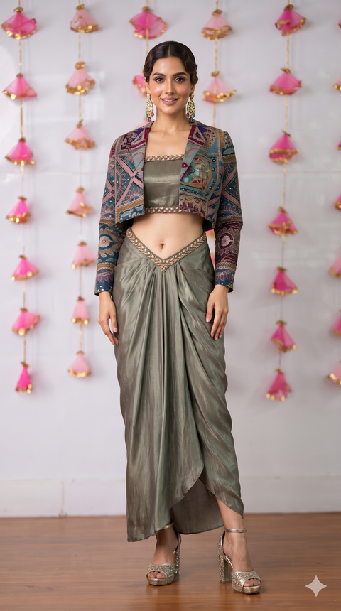 Olive Draped Skirt Set with Multicolour Embroidered Cropped Jacket