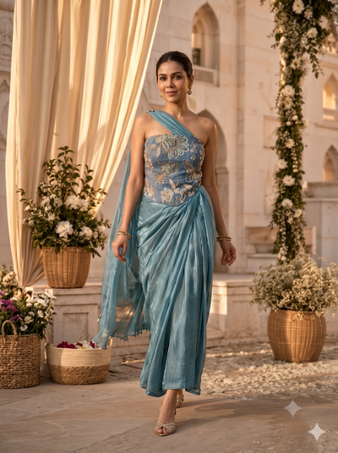 Teal Blue Floral Embroidered Draped Jumpsuit