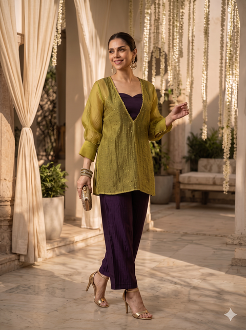Olive Yellow Embellished Tunic with Plum Trousers