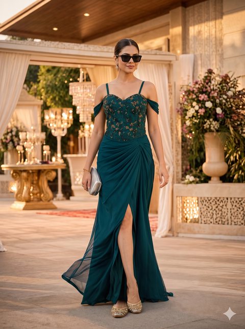 Teal Green Embroidered Bodice Gown with Draped Skirt