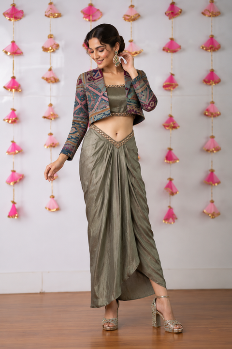 Olive Draped Skirt Set with Multicolour Embroidered Cropped Jacket