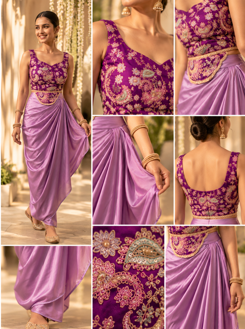 Purple Embroidered Blouse with Lilac Draped Skirt