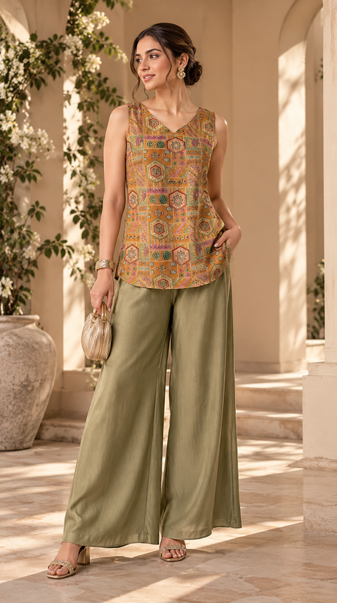 Mustard Printed Sleeveless Tunic with Olive Palazoo