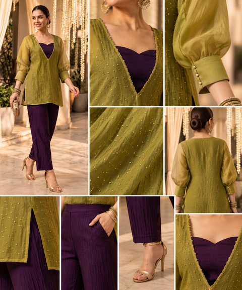 Olive Yellow Embellished Tunic with Plum Trousers