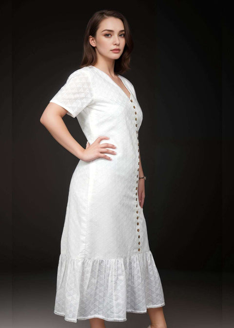 White Self-Embroidered Cotton Midi Dress with Spanish Flares