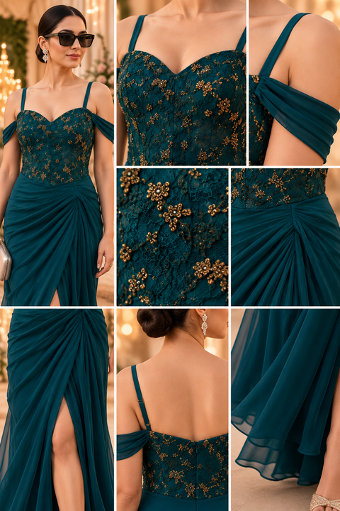 Teal Green Embroidered Bodice Gown with Draped Skirt