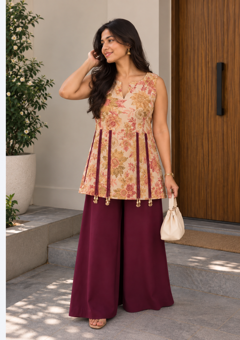 Floral Printed Tunic with Plum Palazzo Set
