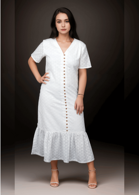 White Self-Embroidered Cotton Midi Dress with Spanish Flares